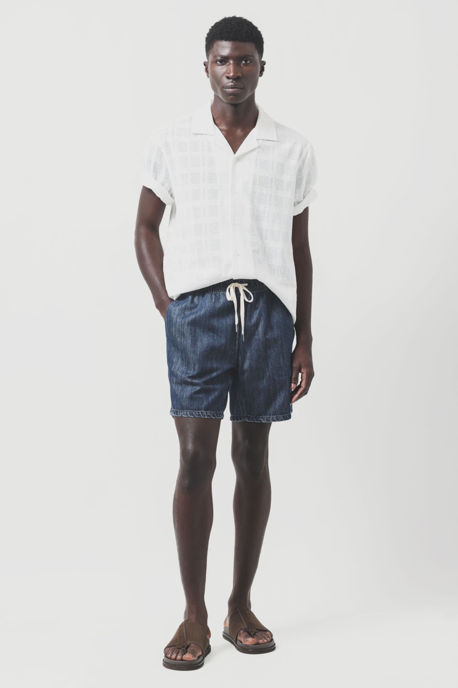Bermuda Jeans Cós Elástico Cadarço Azul Escuro — foto 2 de 6