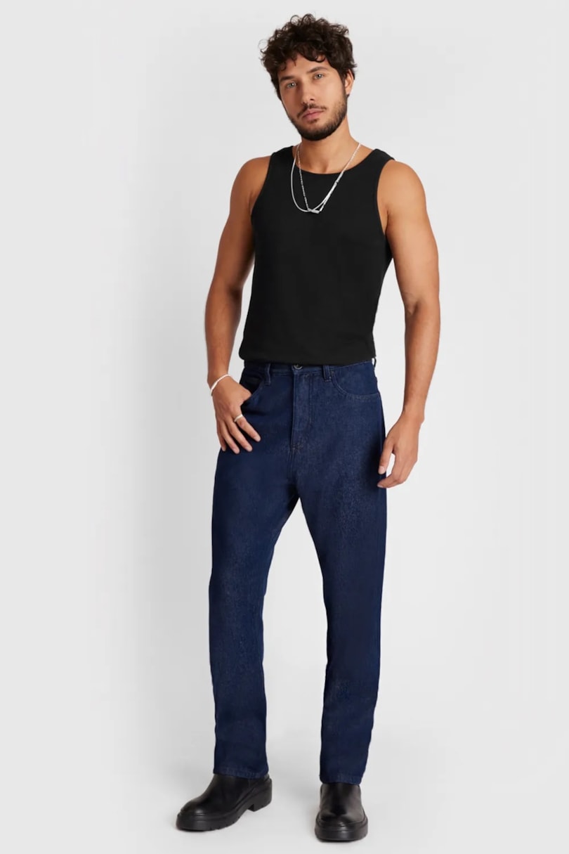 Calça Jeans Regular Ampla Raw - Cauã Reymond Azul Escuro