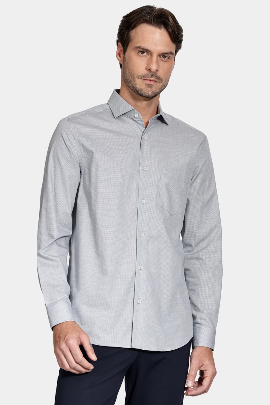 Camisa Algodão Regular Manga Longa Xadrez Azul C/Branco — foto 1 de 6