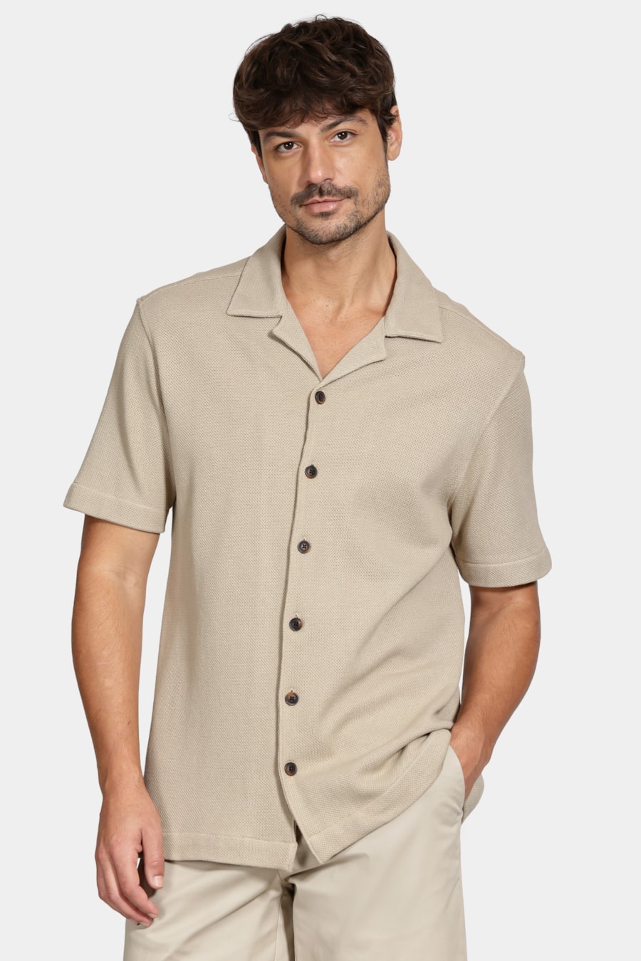 Camisa Bowling Piquet Tricot Areia — foto 1 de 6
