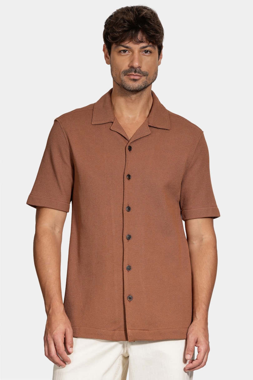 Camisa Bowling Piquet Tricot Conhaque