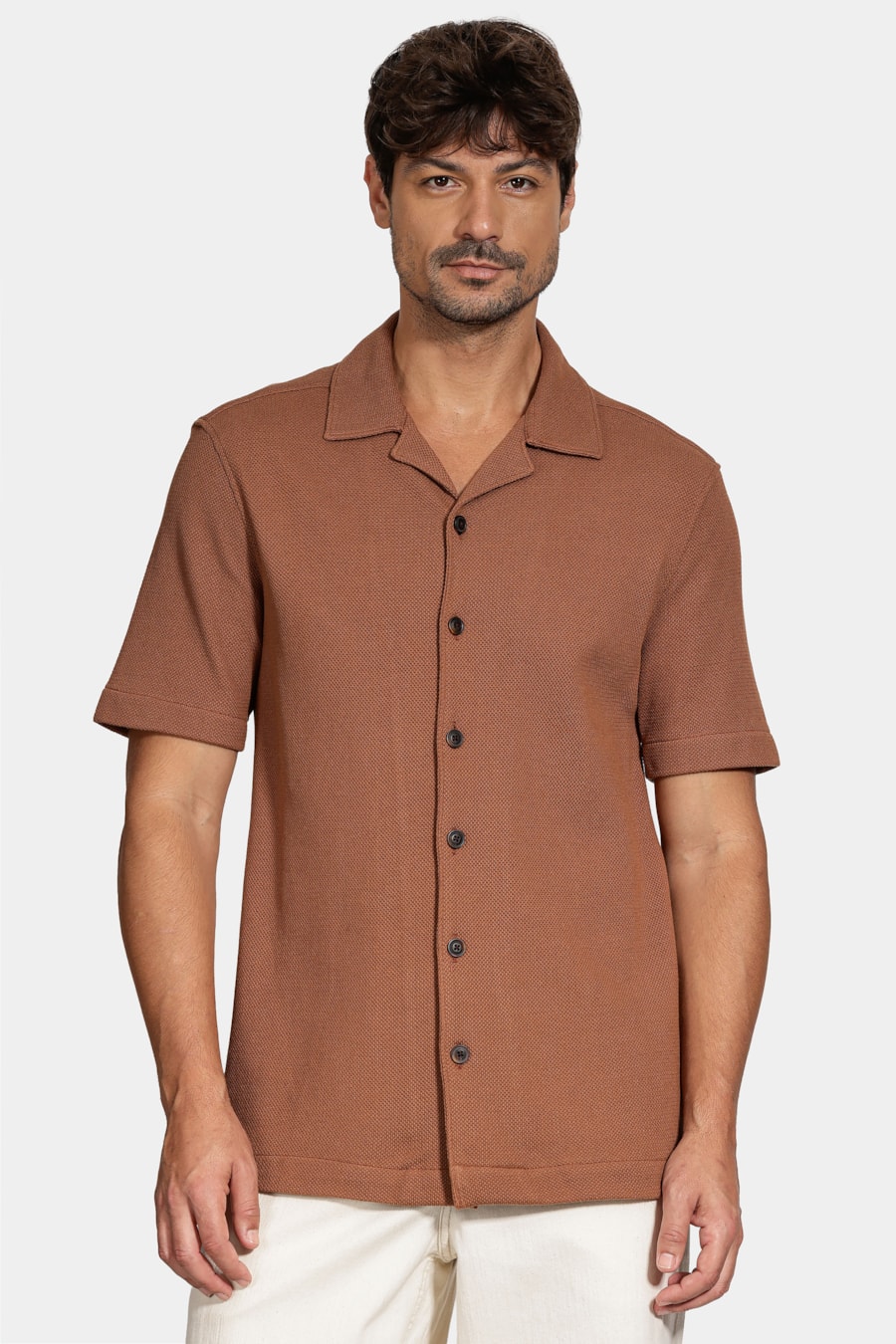 Camisa Bowling Piquet Tricot Conhaque — foto 1 de 6