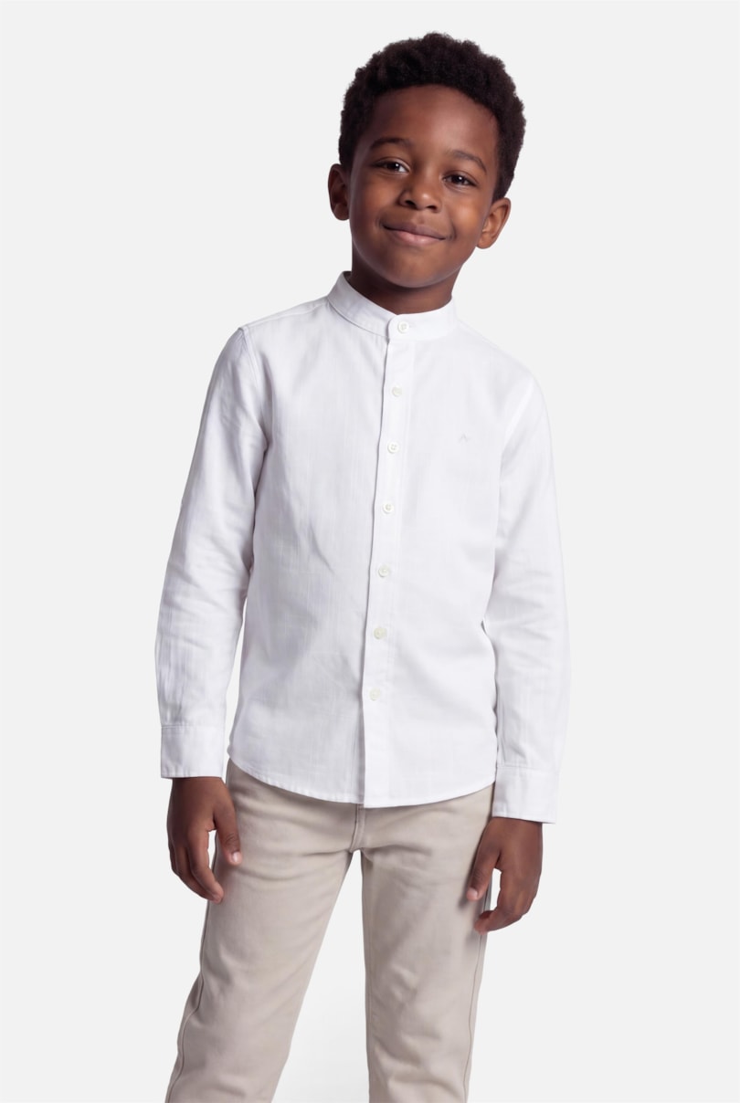 Camisa Flamê Manga Longa Infantil Gola Padre Branco