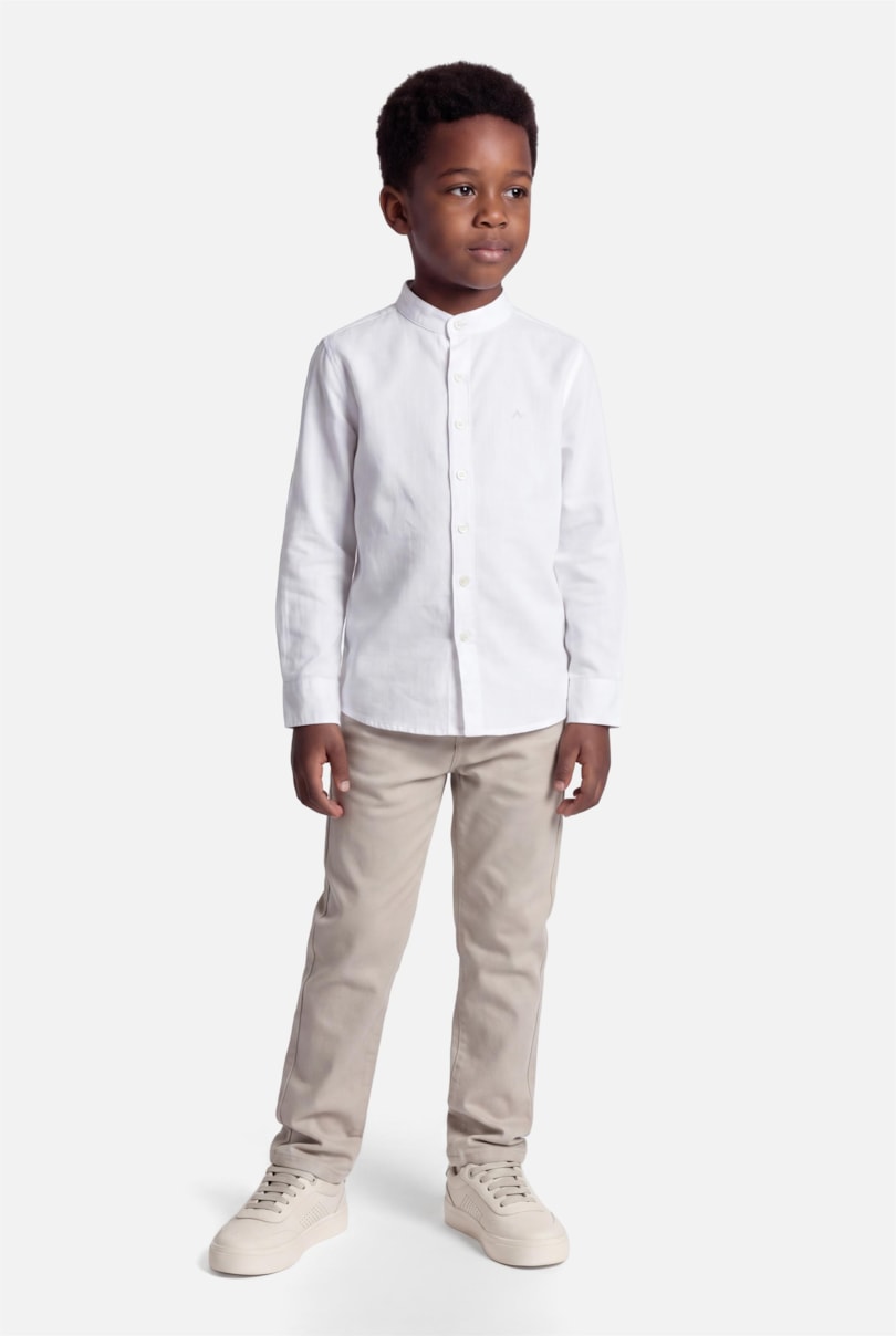 Camisa Flamê Manga Longa Infantil Gola Padre Branco
