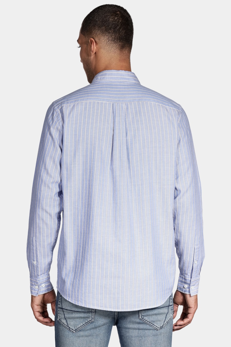 Camisa Listrada Manga Longa Azul Claro Com Branco — foto 4 de 5