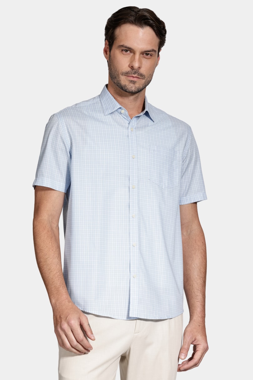 Camisa Manga Curta Cosmo Regular Mini Xadrez Azul Claro C/Branco