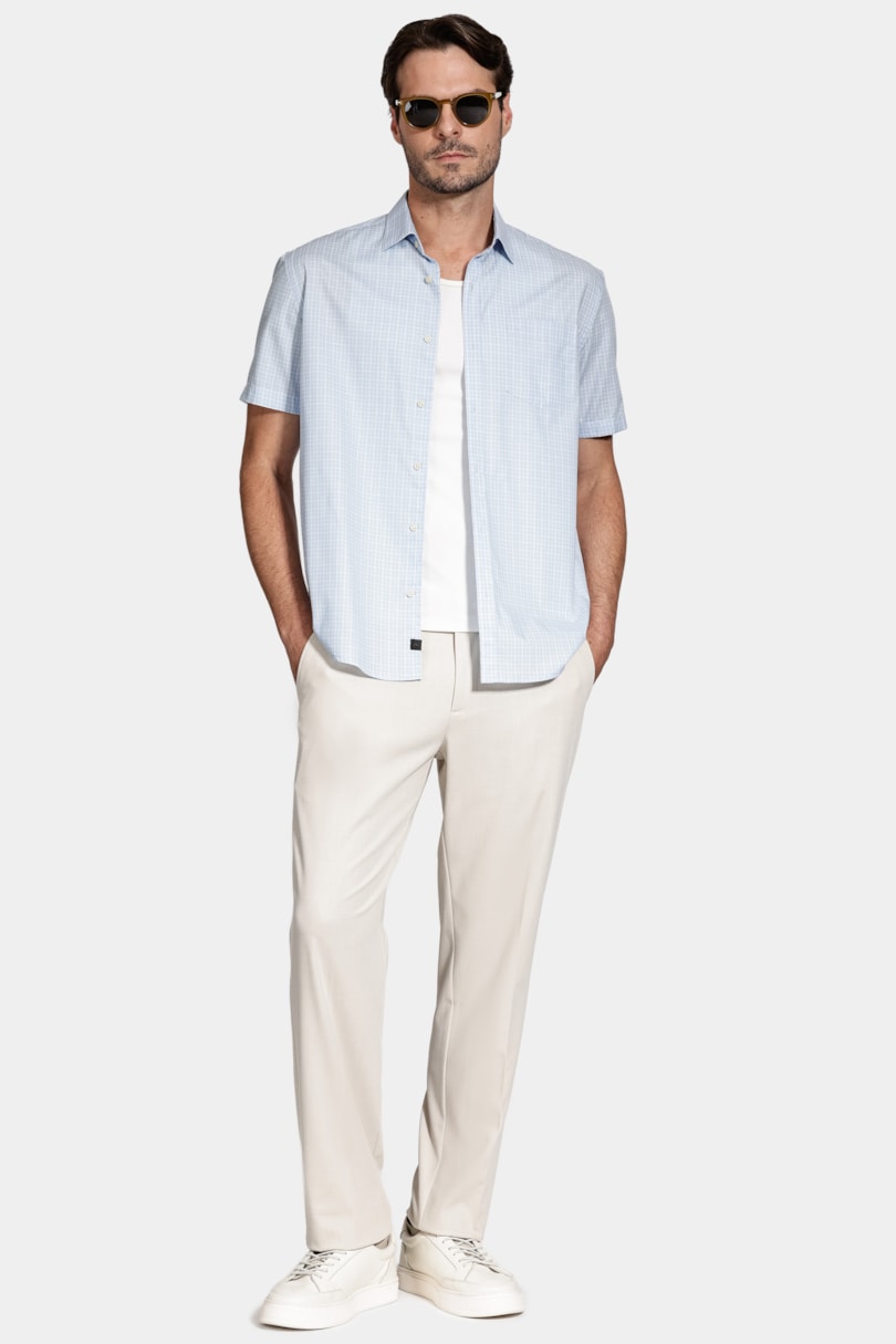 Camisa Manga Curta Cosmo Regular Mini Xadrez Azul Claro C/Branco