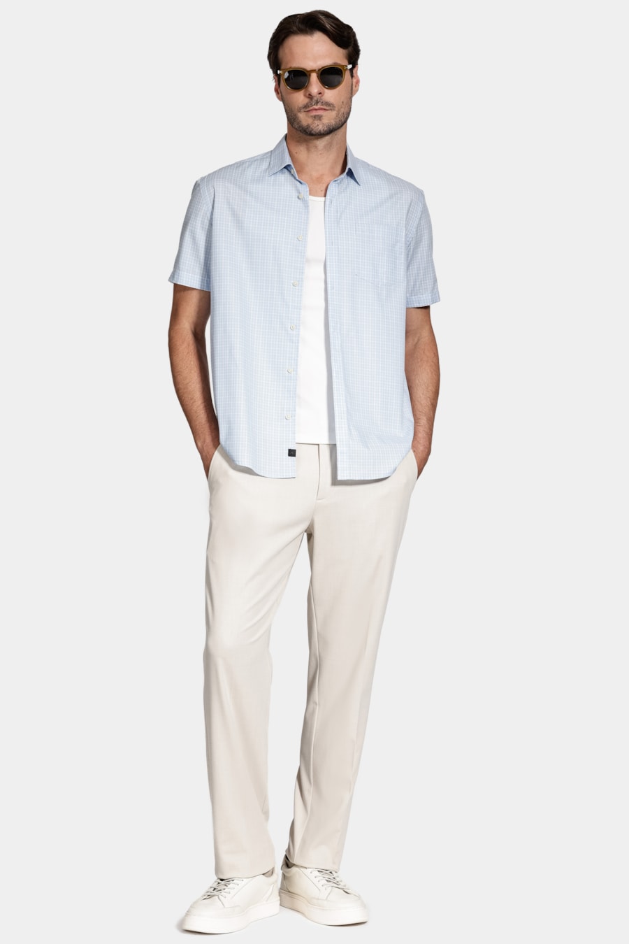 Camisa Manga Curta Cosmo Regular Mini Xadrez Azul Claro C/Branco — foto 2 de 5