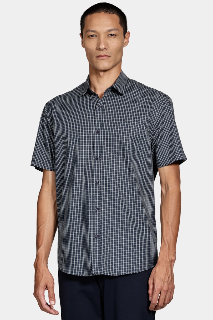 Camisa Manga Curta Cosmo Regular Mini Xadrez Marinho C/ Verde