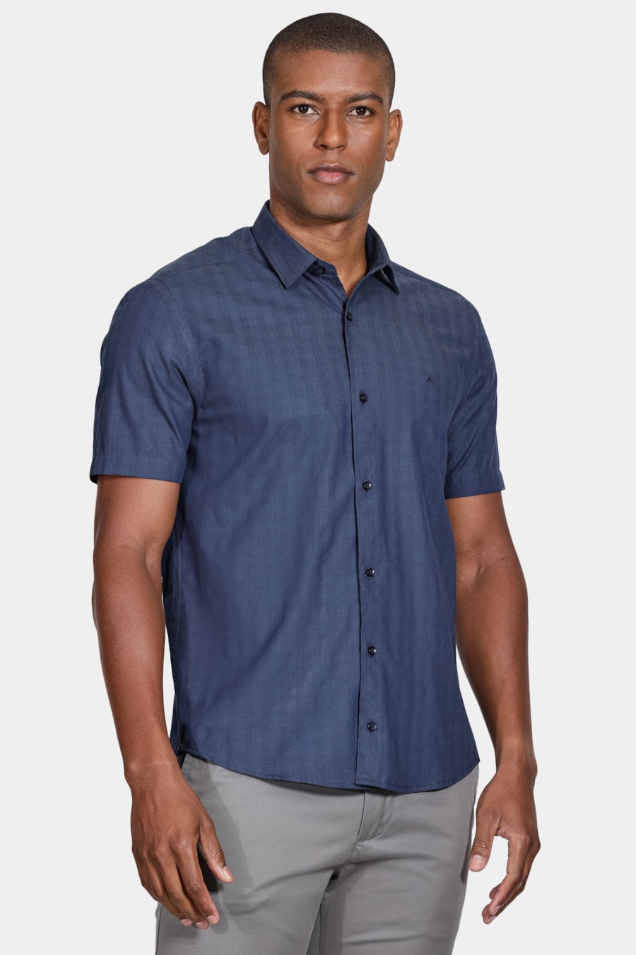 Camisa Manga Curta Cosmo Slim Chambray Maquinetado Marinho — foto 1 de 6