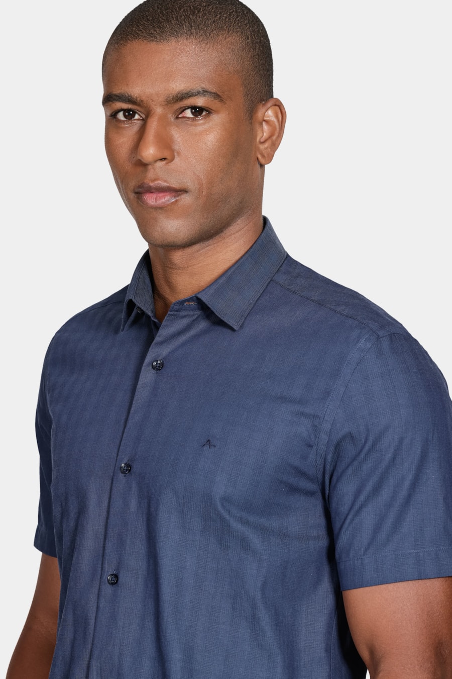 Camisa Manga Curta Cosmo Slim Chambray Maquinetado Marinho — foto 3 de 6