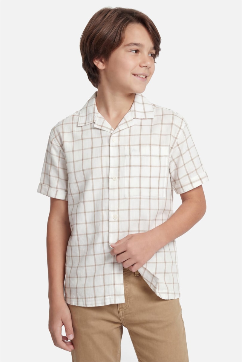 Camisa Manga Curta Infantil Grid Branco C/Caqui