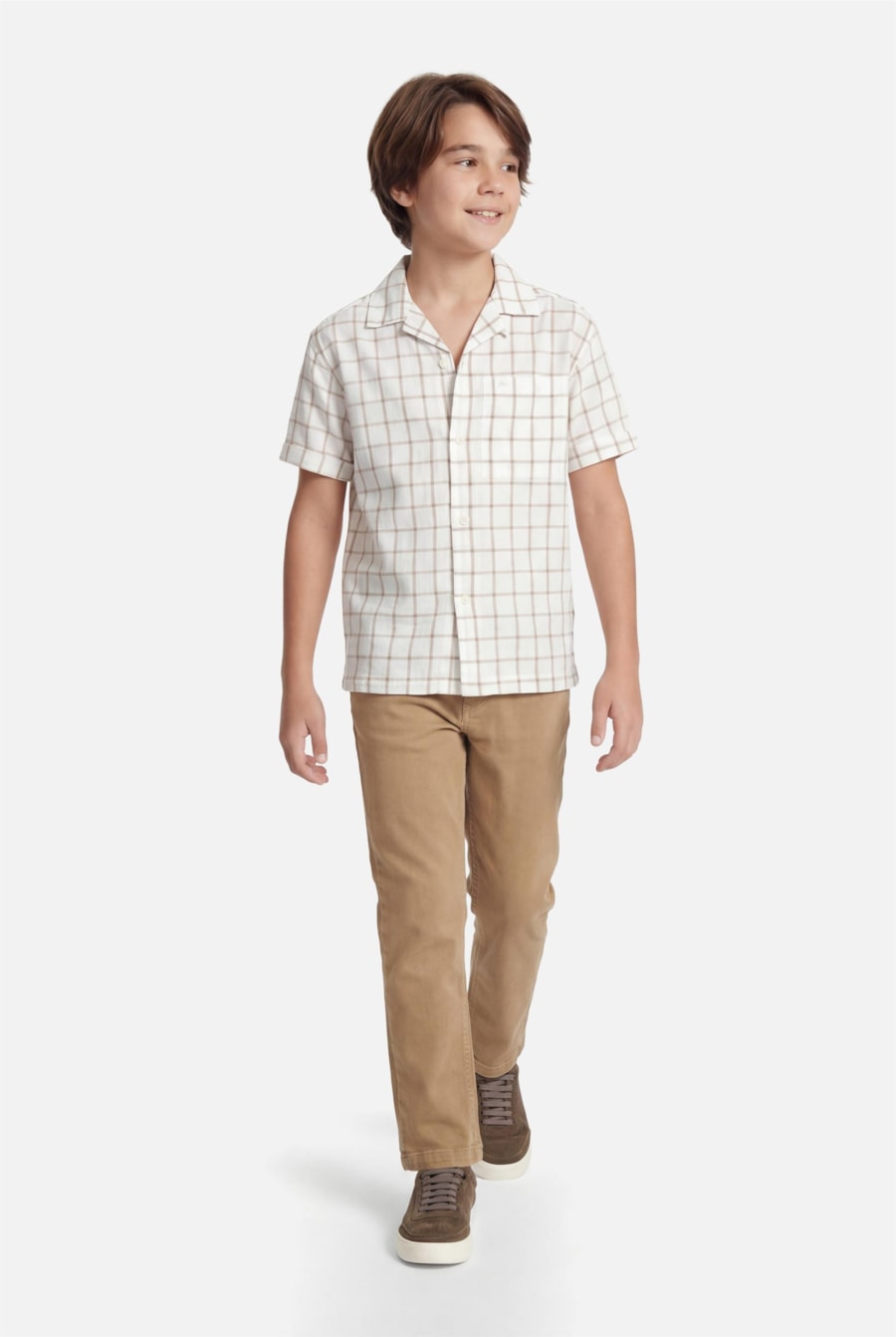 Camisa Manga Curta Infantil Grid Branco C/Caqui — foto 2 de 4