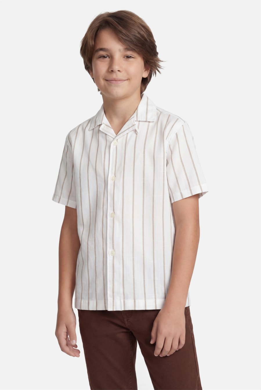 Camisa Manga Curta Infantil Listras Branco C/Caqui — foto 1 de 4