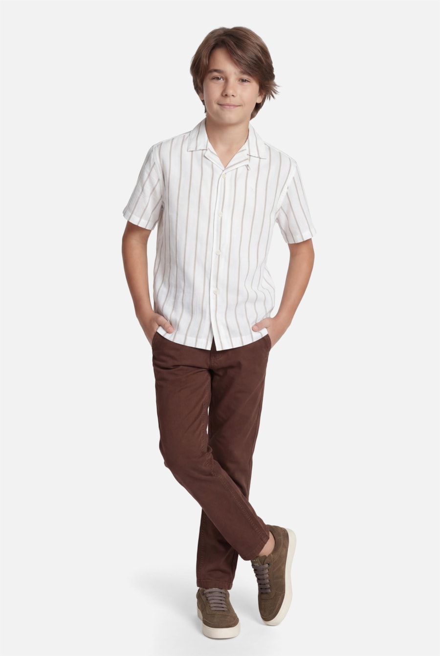 Camisa Manga Curta Infantil Listras Branco C/Caqui — foto 2 de 4
