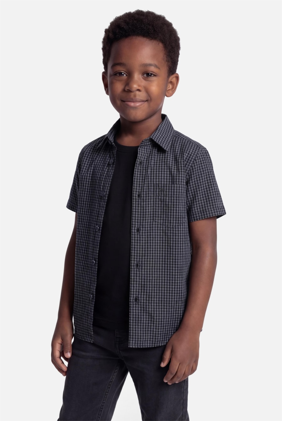 Camisa Manga Curta Infantil Regular Damero Azul Medio C/ Preto — foto 1 de 5