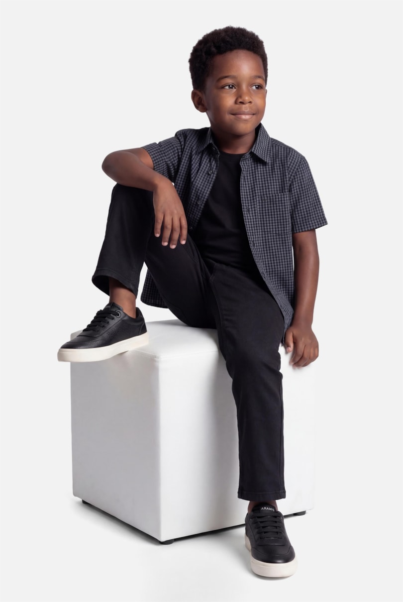Camisa Manga Curta Infantil Regular Damero Azul Medio C/ Preto