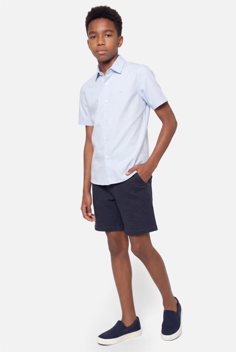 Camisa Manga Curta Infantil Tricoline Lisa Azul Claro - Não Ativar Mostruário