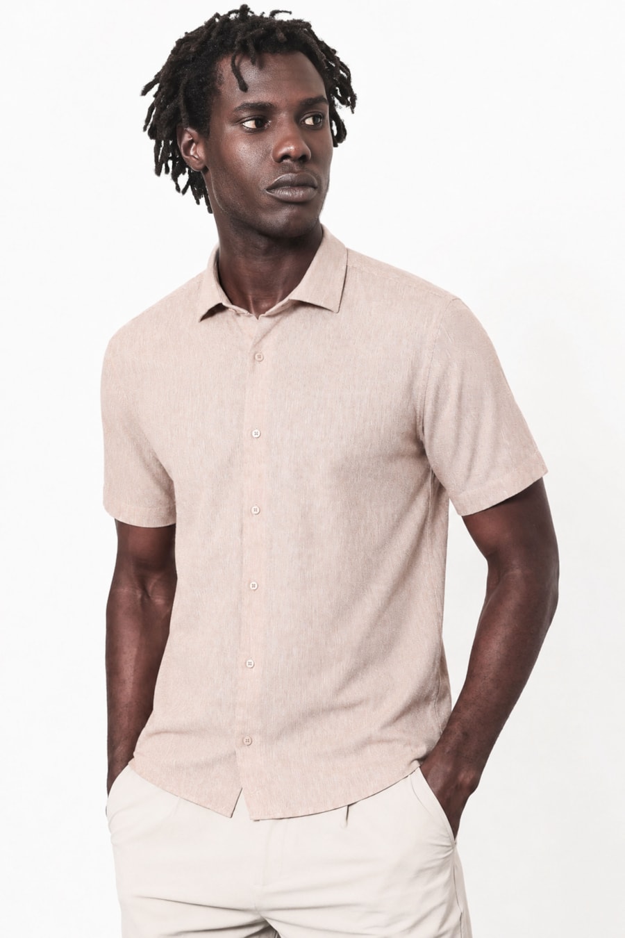 Camisa Manga Curta Linen Flex Areia — foto 1 de 5