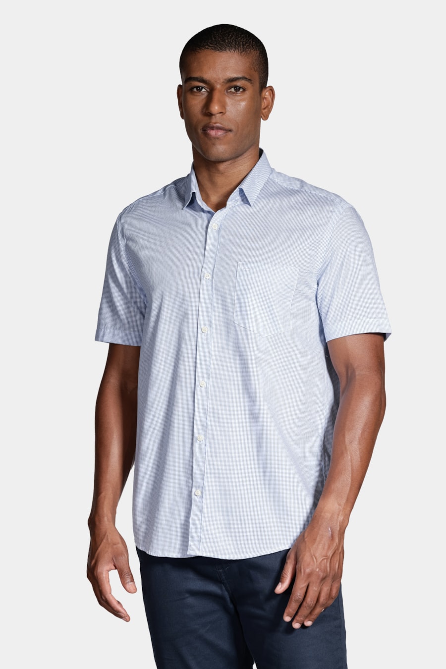 Camisa Manga Curta Micro Xadrez Branco Com Azul — foto 1 de 6