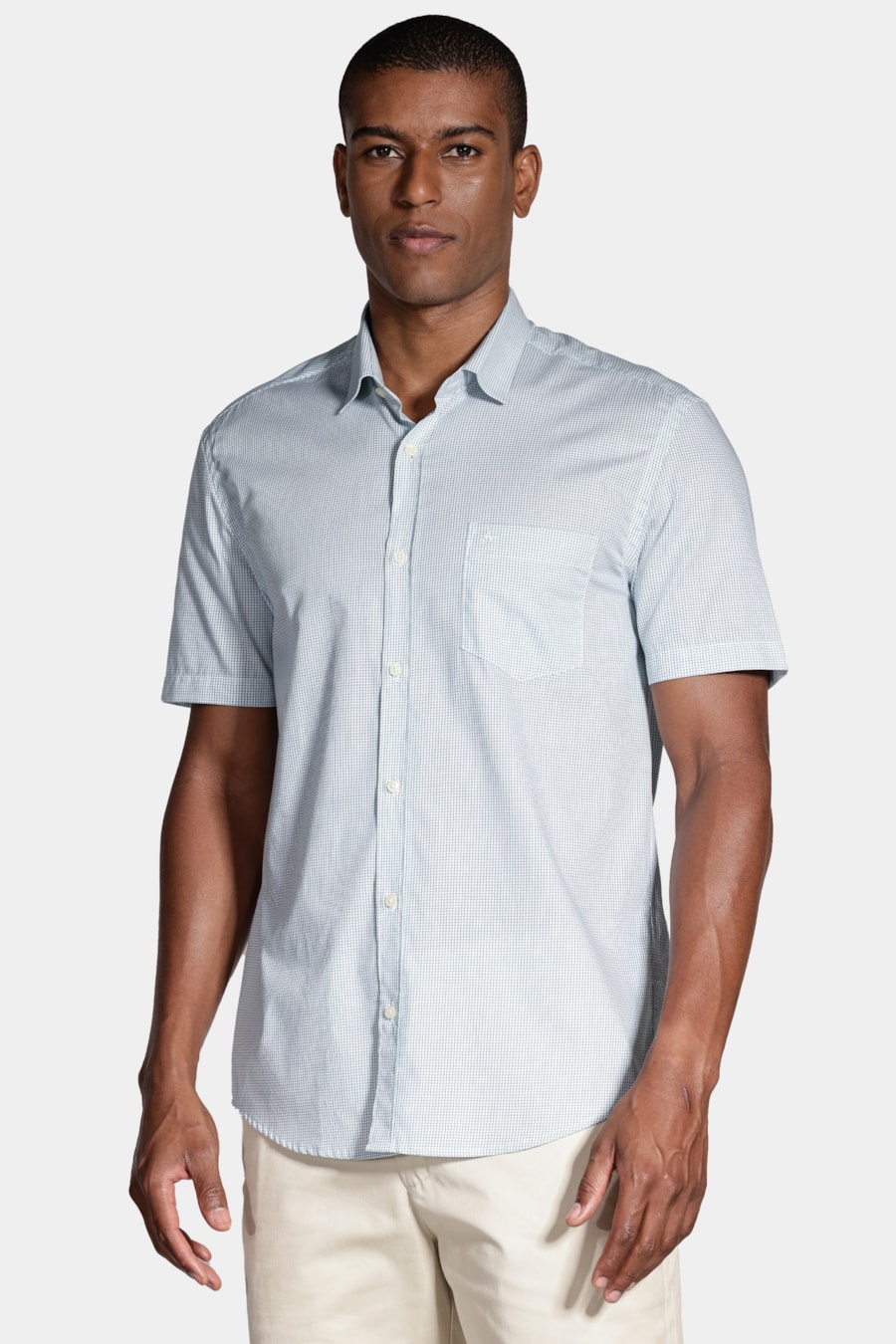 Camisa Manga Curta Micro Xadrez Branco Com Verde — foto 1 de 6
