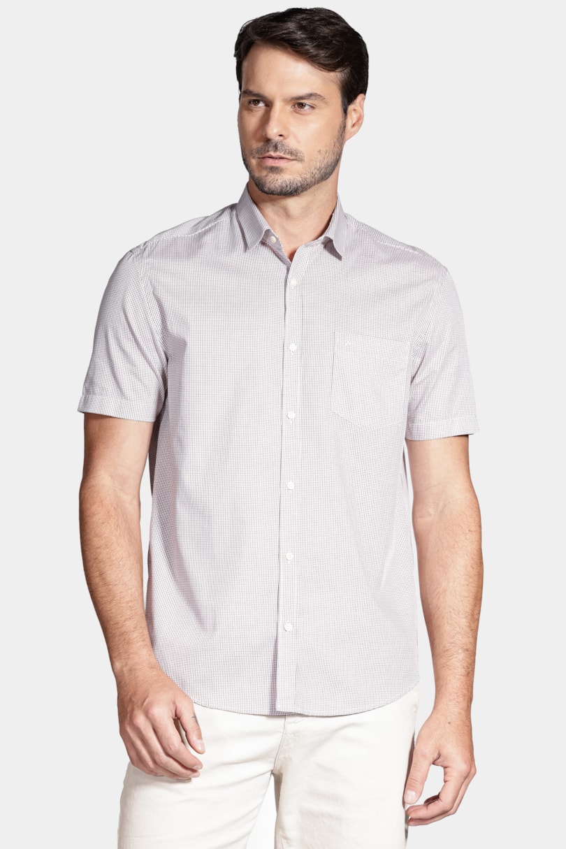 Camisa Manga Curta Micro Xadrez Branco/Telha