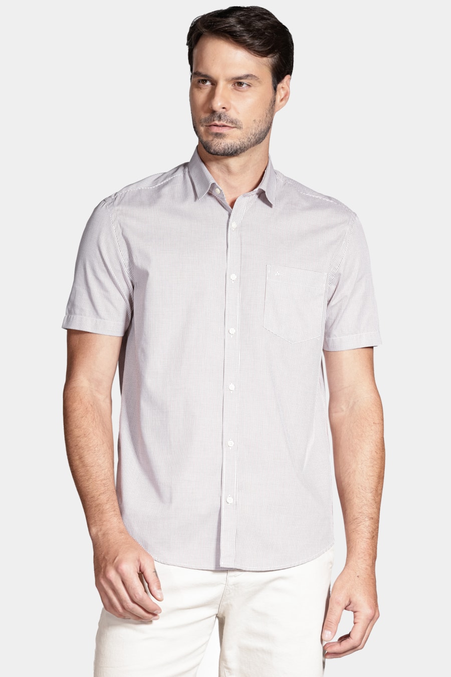 Camisa Manga Curta Micro Xadrez Branco/Telha — foto 1 de 6