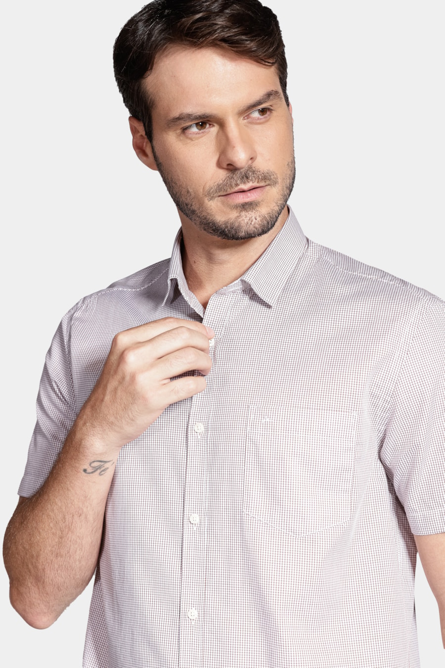 Camisa Manga Curta Micro Xadrez Branco/Telha — foto 3 de 6