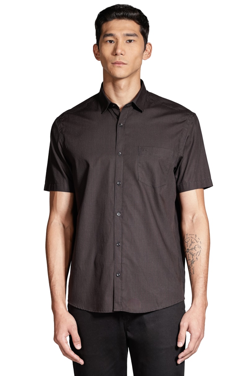 Camisa Manga Curta Micro Xadrez Preto Com Caramelo