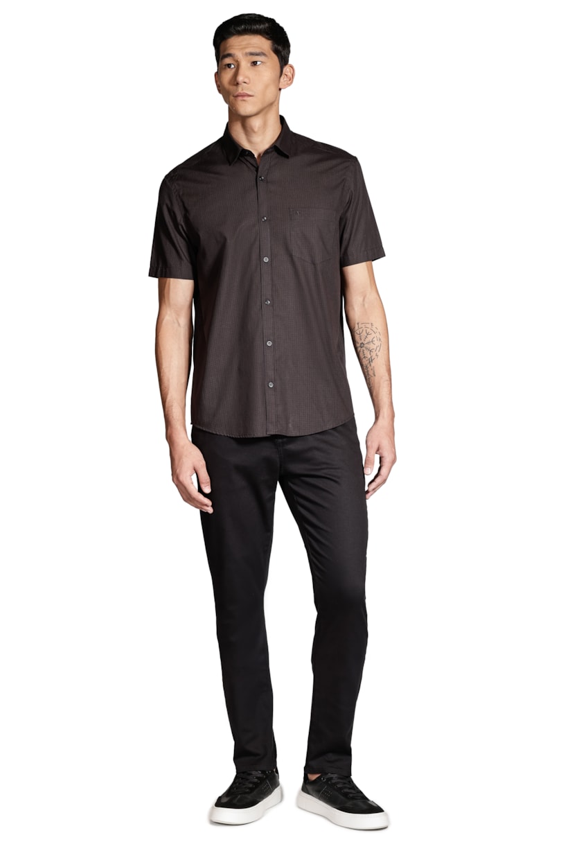 Camisa Manga Curta Micro Xadrez Preto Com Caramelo