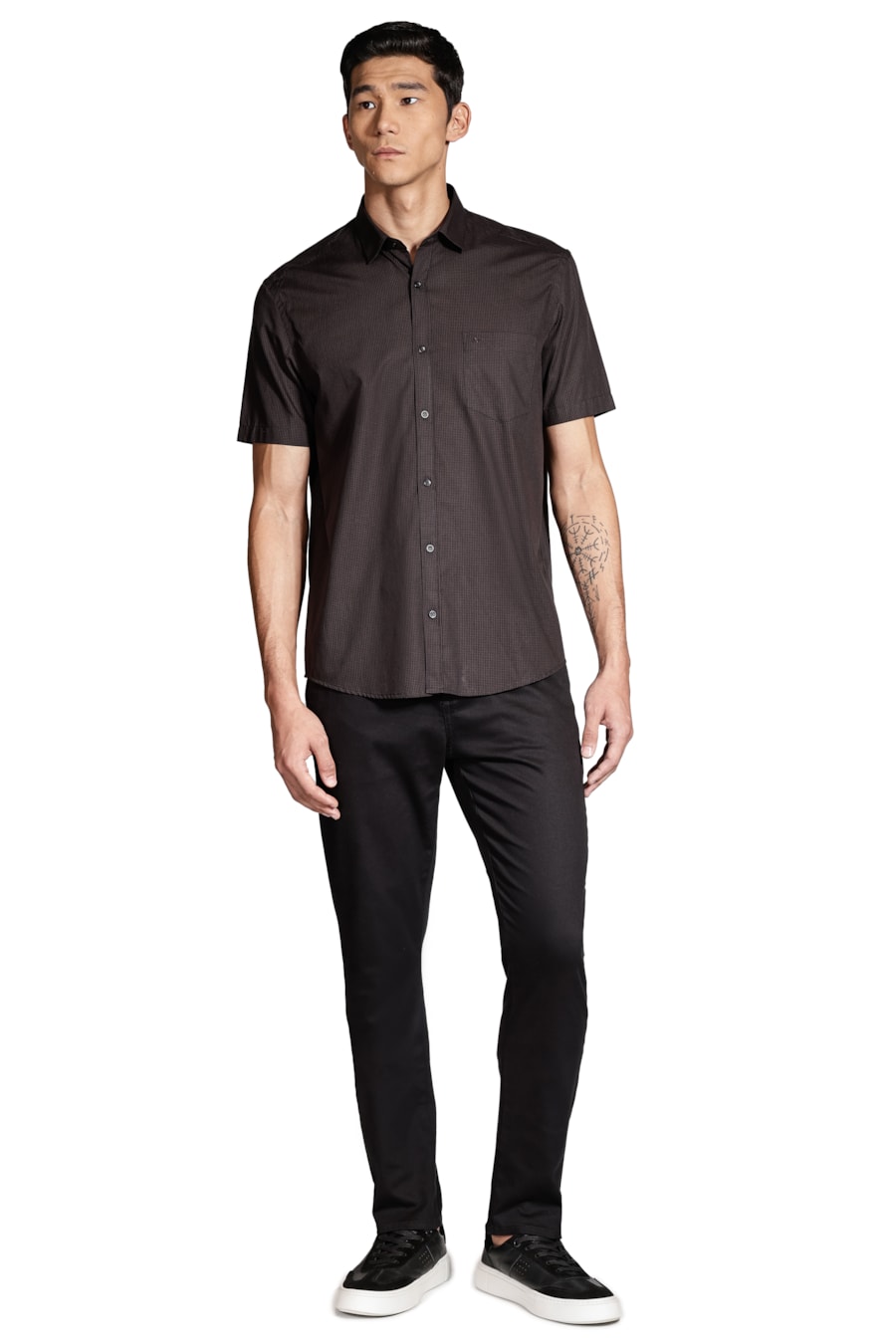 Camisa Manga Curta Micro Xadrez Preto Com Caramelo — foto 2 de 6