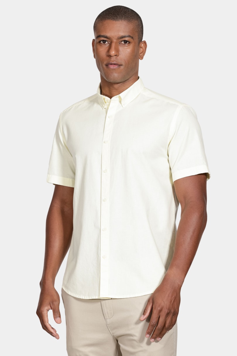 Camisa Manga Curta Move Slim Oxford Button Down Copan Amarelo Claro