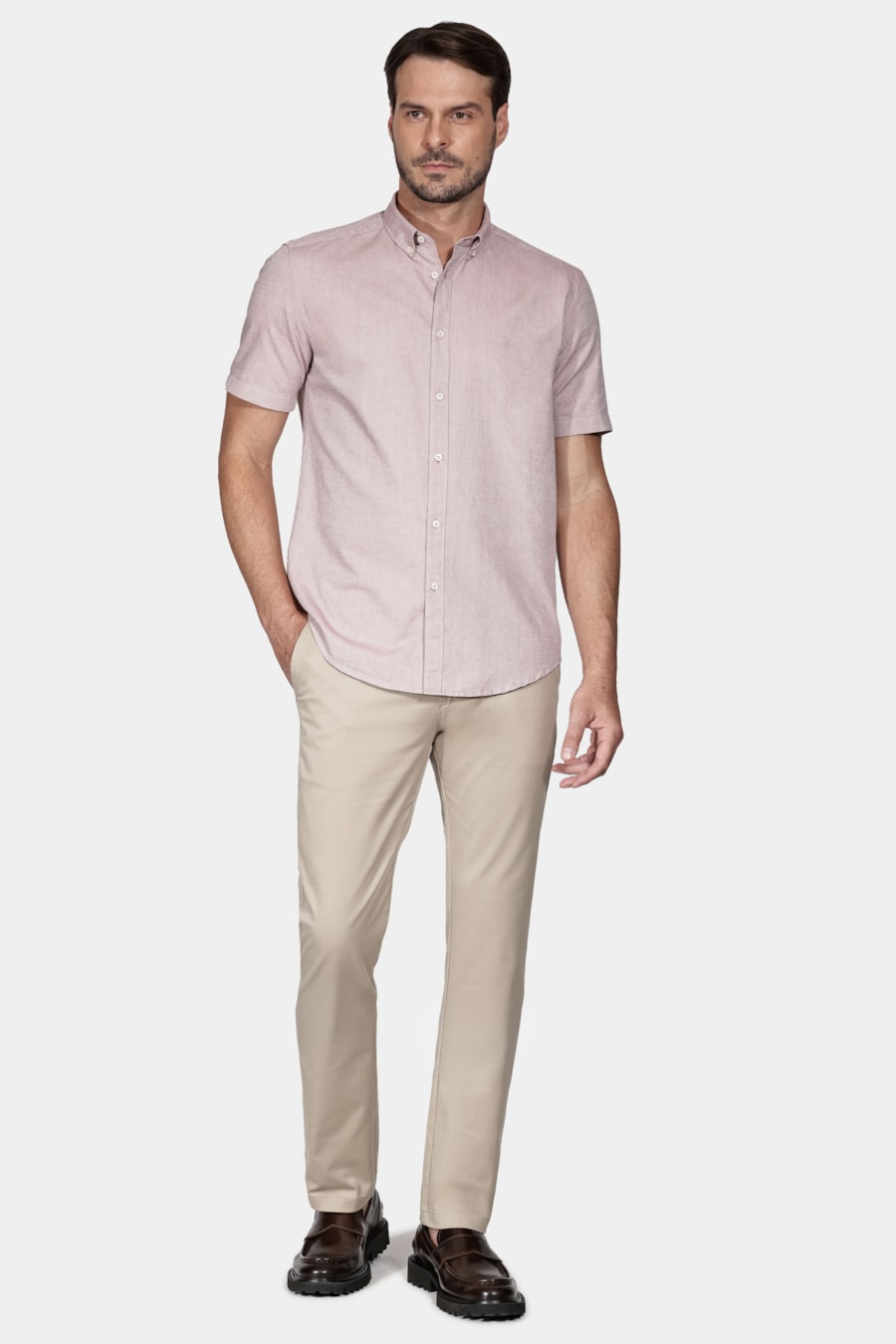 Camisa Manga Curta Move Slim Oxford Button Down Copan Rosa Escuro — foto 2 de 6