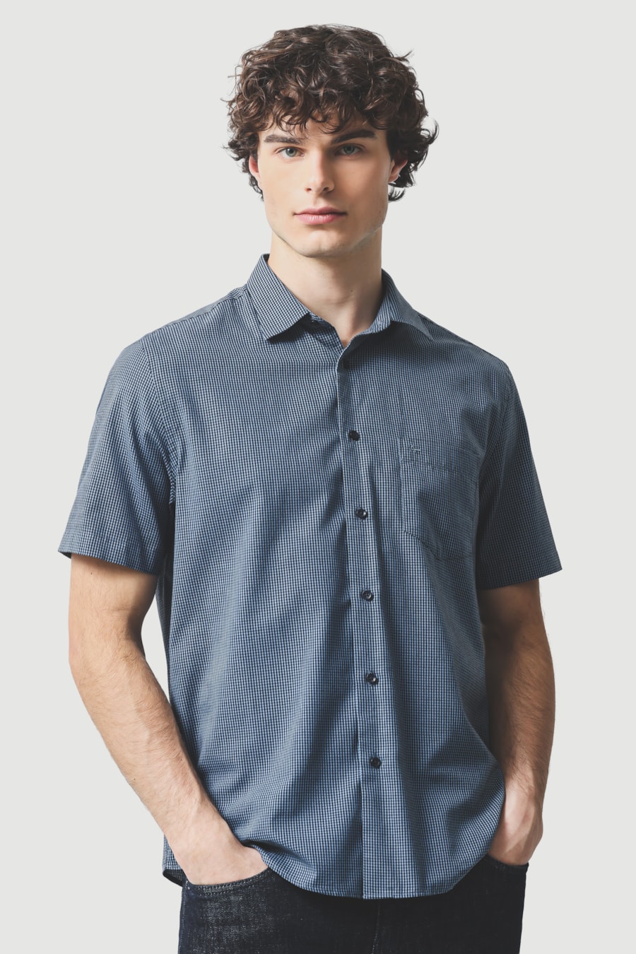Camisa Manga Curta Regular Algodão Damero Azul Medio C/ Marinho — foto 1 de 6