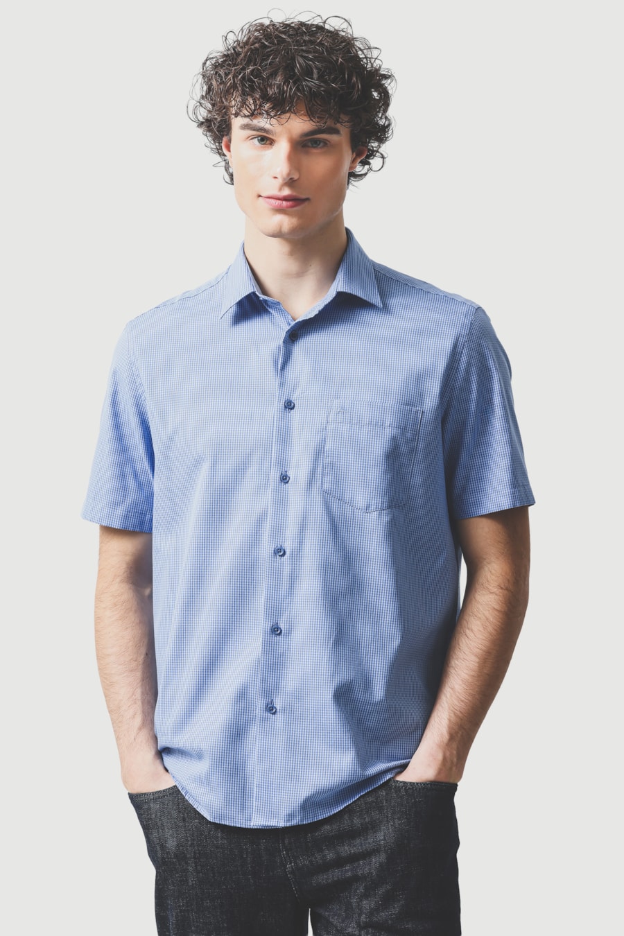 Camisa Manga Curta Regular Algodão Damero Azulclaro C/ Azul — foto 1 de 6