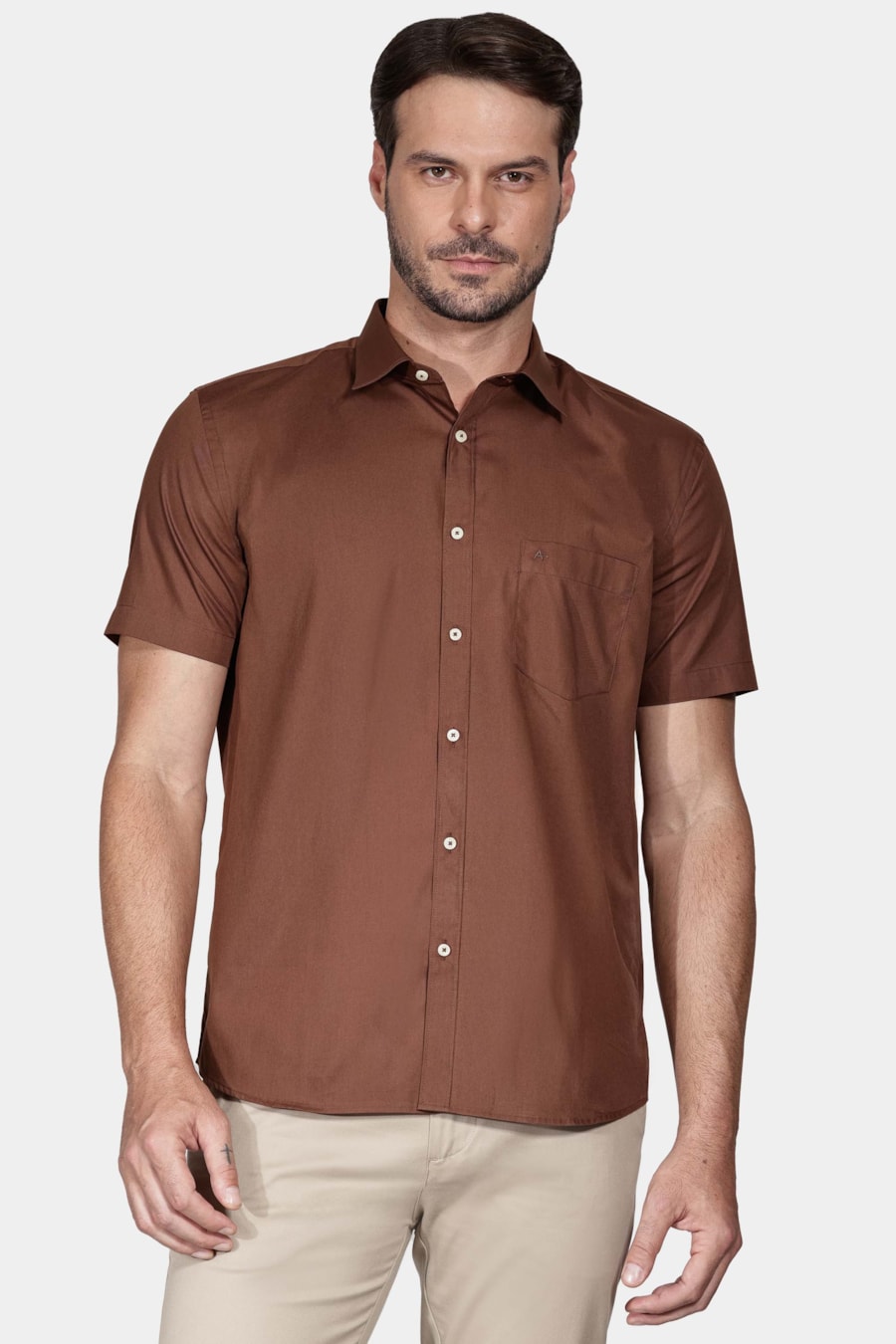 Camisa Manga Curta Regular Algodão Damero Marrom — foto 1 de 6