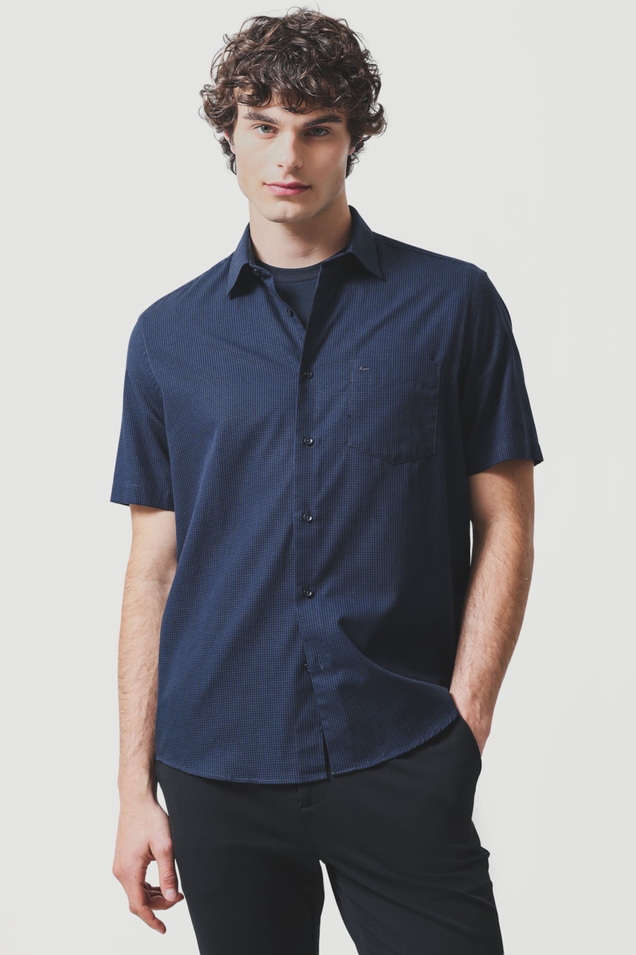 Camisa Manga Curta Regular Algodão Damero Royal C/ Marinho — foto 1 de 6