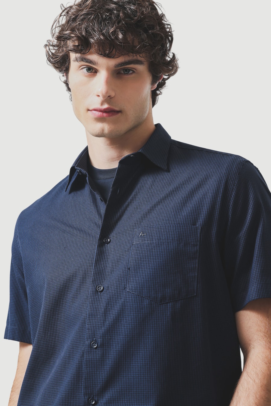 Camisa Manga Curta Regular Algodão Damero Royal C/ Marinho — foto 3 de 6