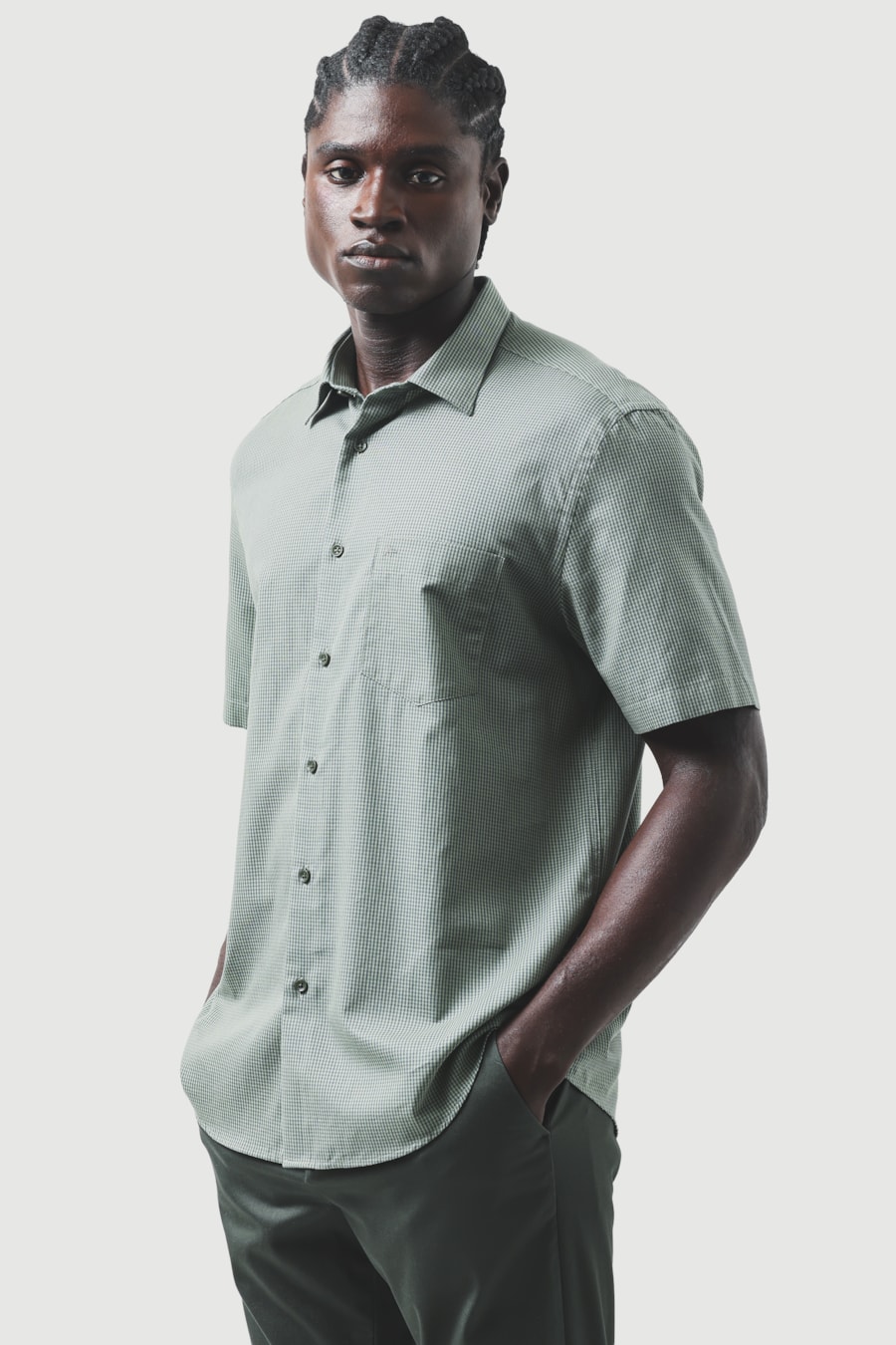 Camisa Manga Curta Regular Algodão Damero Verde C/Azul — foto 1 de 7