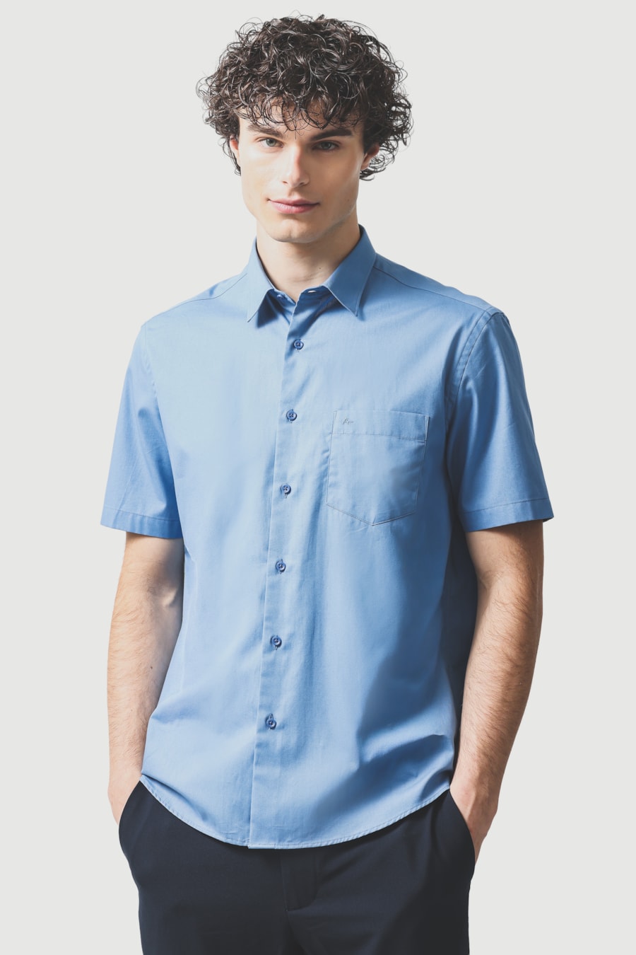 Camisa Manga Curta Regular Algodão Lisa Damero Azul Ceruleo 114 — foto 1 de 6