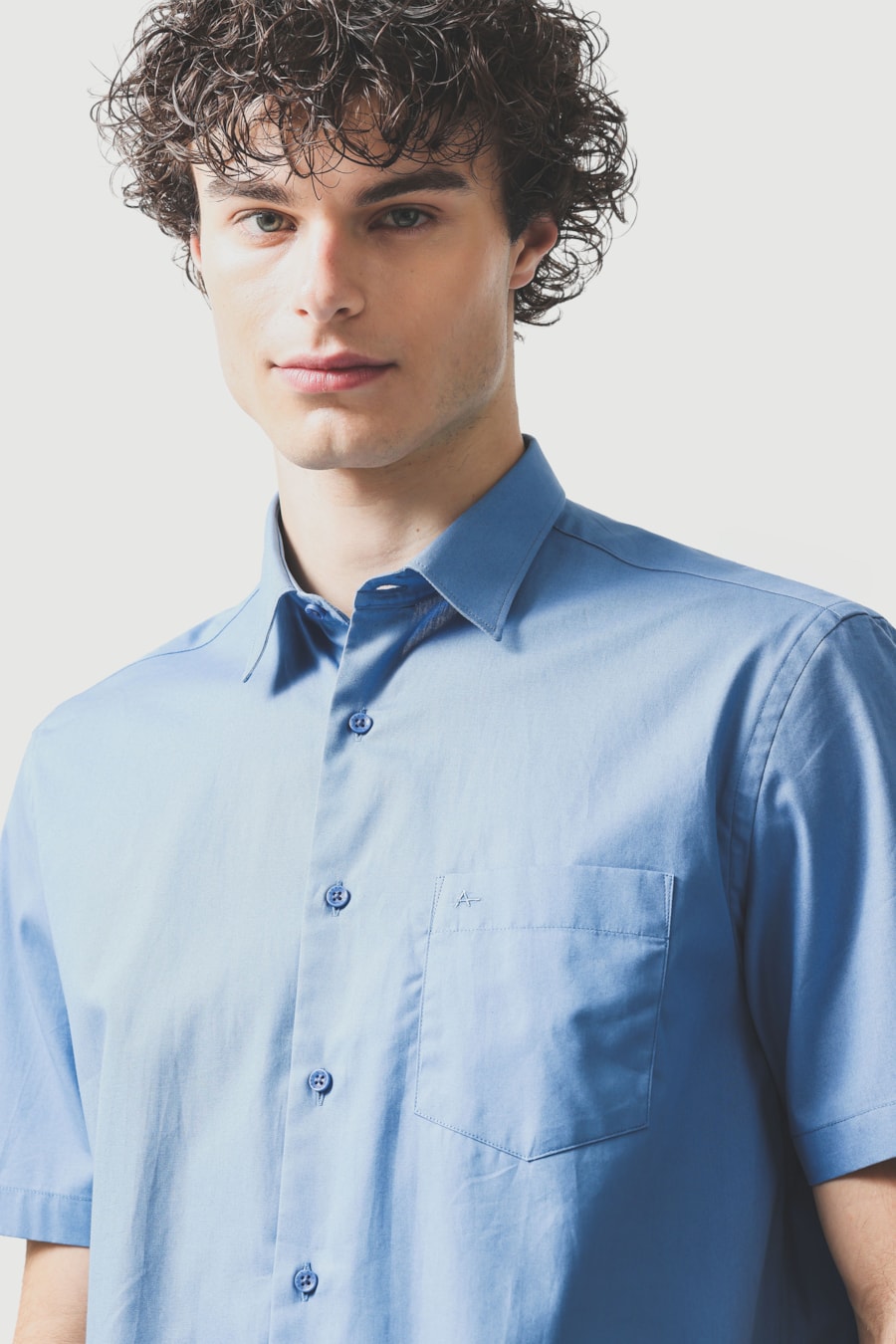 Camisa Manga Curta Regular Algodão Lisa Damero Azul Ceruleo 114 — foto 3 de 6