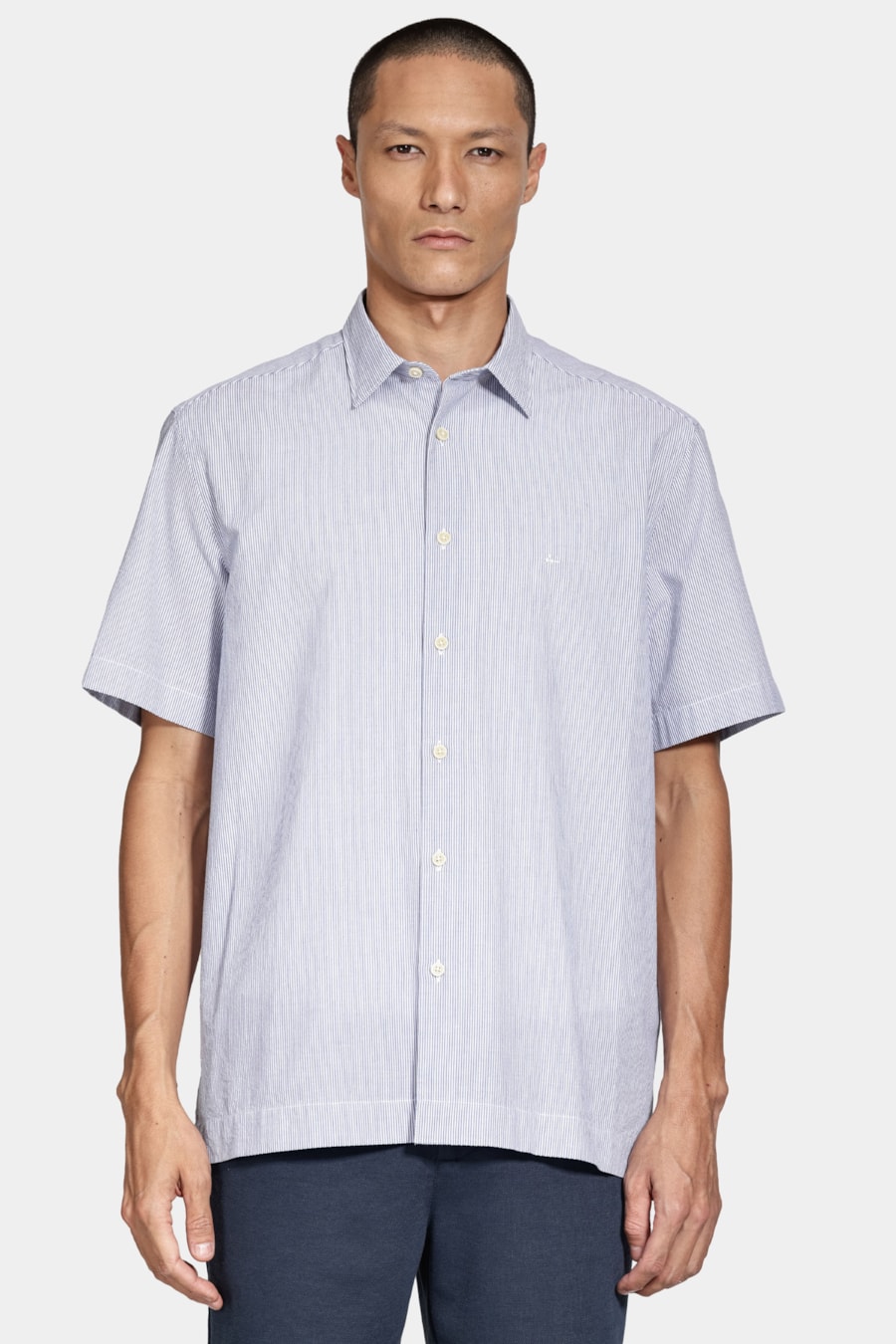 Camisa Manga Curta Regular Algodão Listrada Branco/Azul Jeans — foto 1 de 7