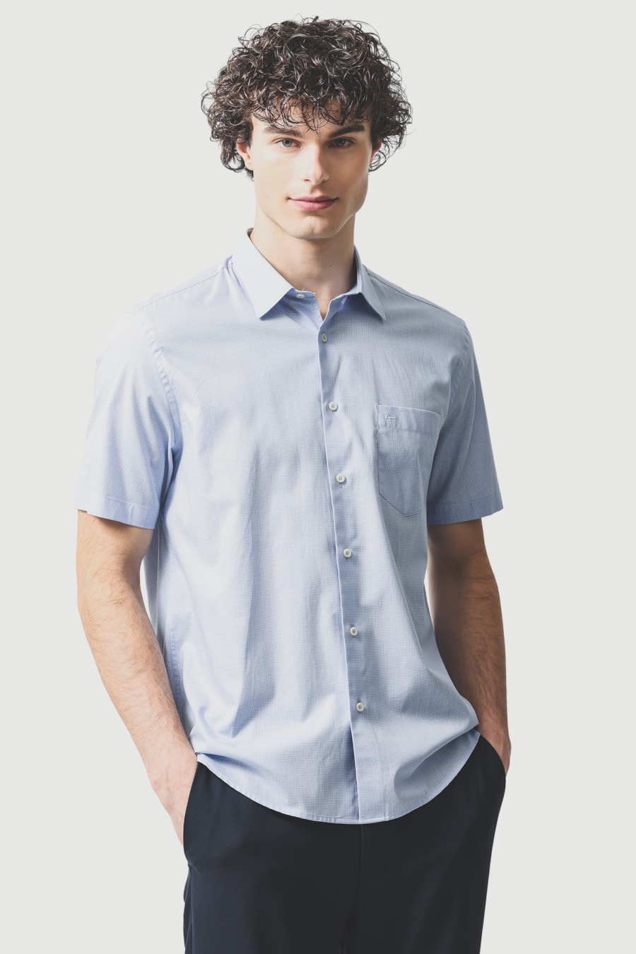 Camisa Manga Curta Regular Algodão Micro Xadrez Azul C/Branco — foto 1 de 6