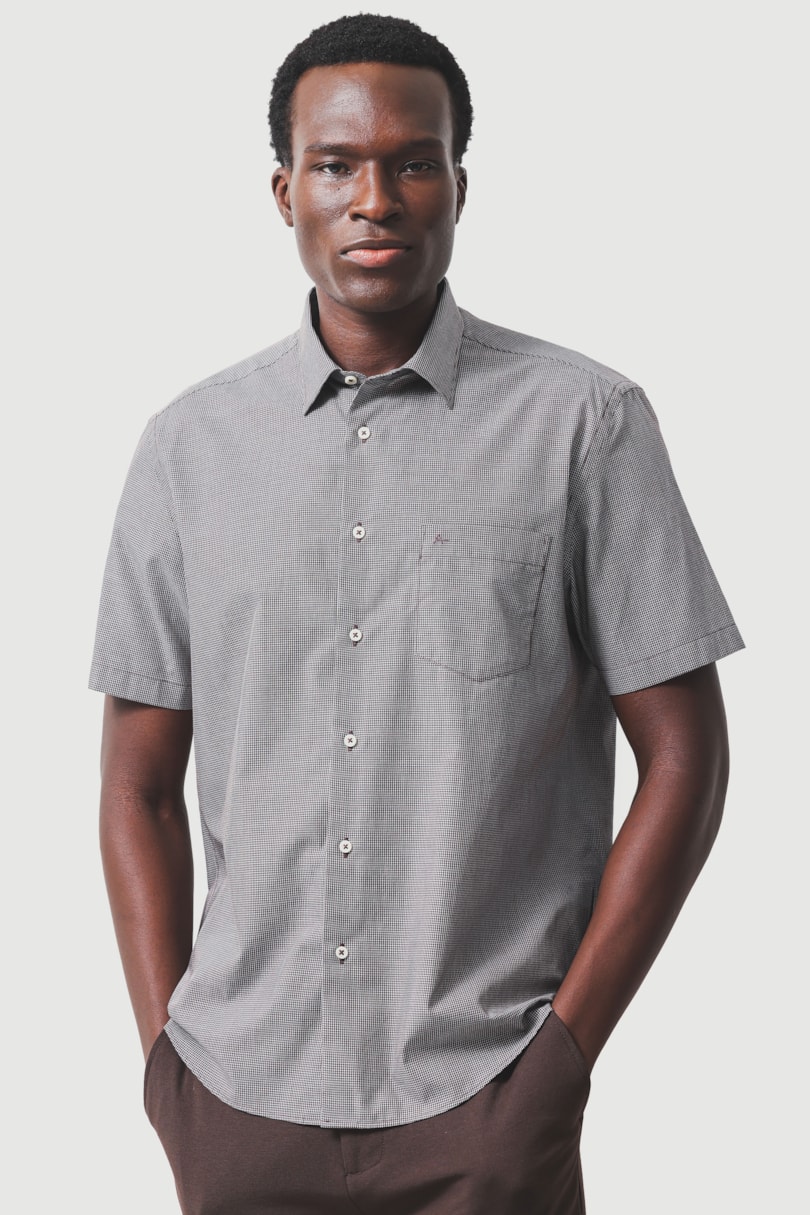 Camisa Manga Curta Regular Algodão Micro Xadrez Café C/ Branco