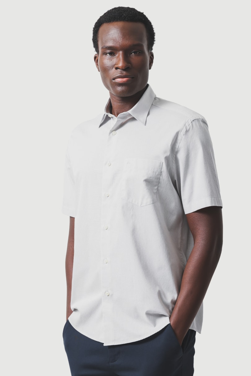 Camisa Manga Curta Regular Algodão Micro Xadrez Cinza Claro/Branco