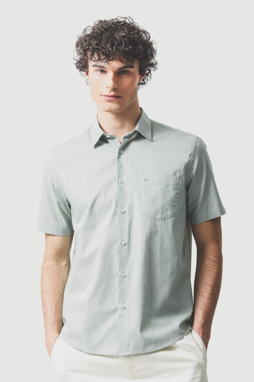 Camisa Manga Curta Regular Algodão Micro Xadrez Verde C/ Branco