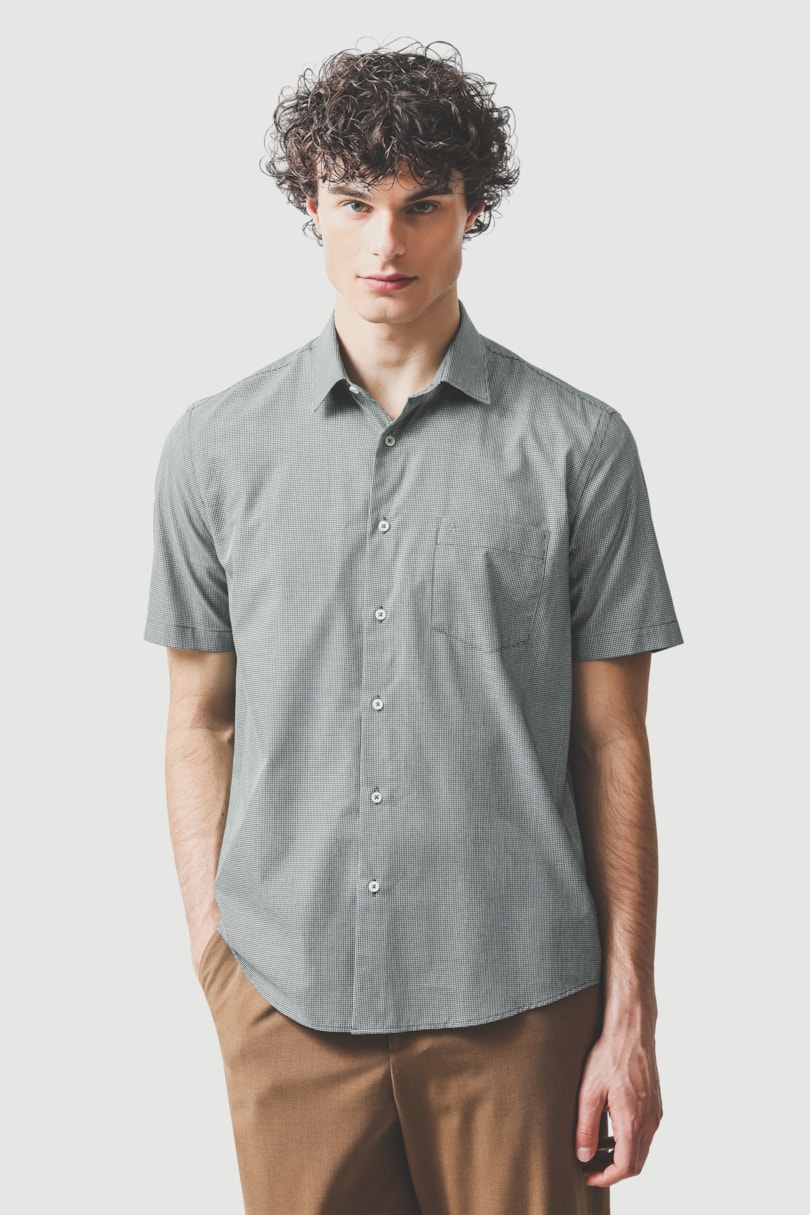 Camisa Manga Curta Regular Algodão Micro Xadrez Verde Escuro C/ Branco
