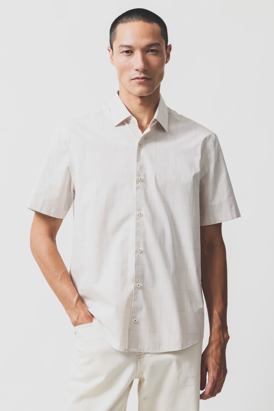 Camisa Manga Curta Regular Algodao Xadrez Fino Natural C/ Caqui — foto 1 de 6