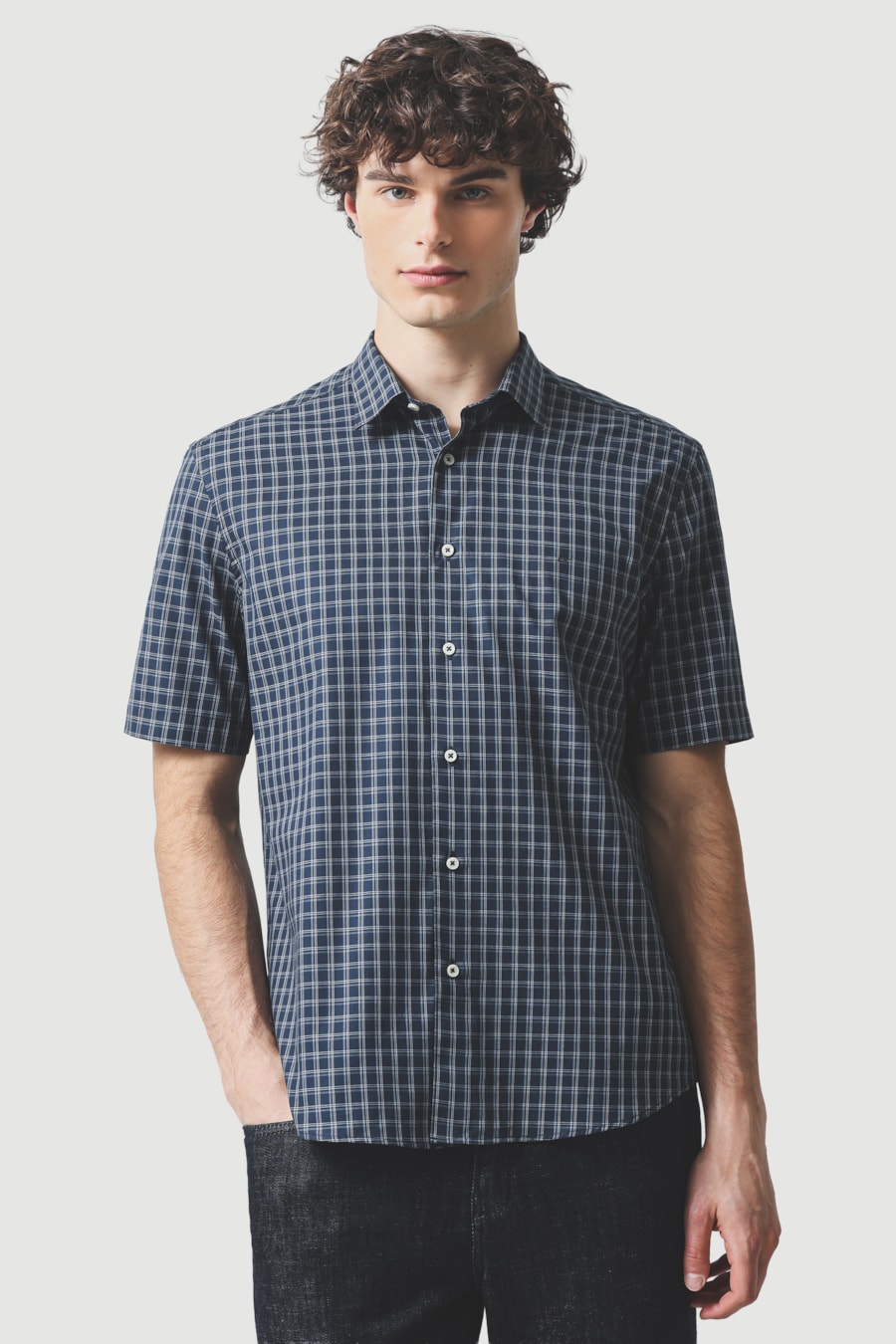 Camisa Manga Curta Regular Algodao Xadrez Marinho/Azul Claro — foto 1 de 6