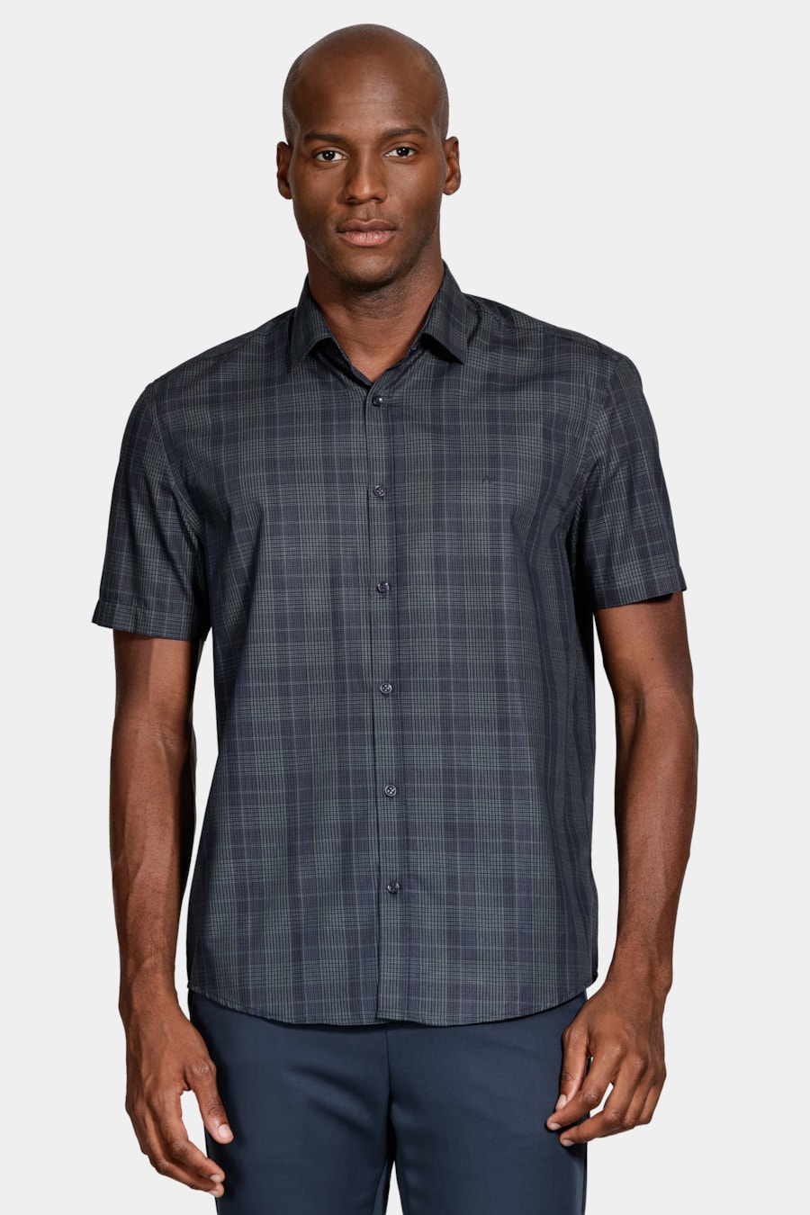 Camisa Manga Curta Regular Algodão Xadrez Preto C/Cinza — foto 1 de 6